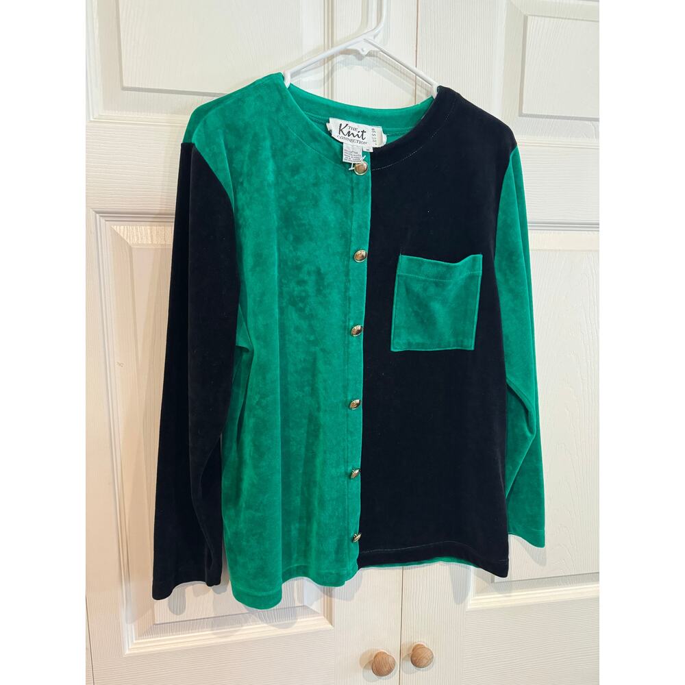 Vintage Knit Connection Velvet Colorblock Top Blouse Green Black Button Glam - Picture 3 of 8
